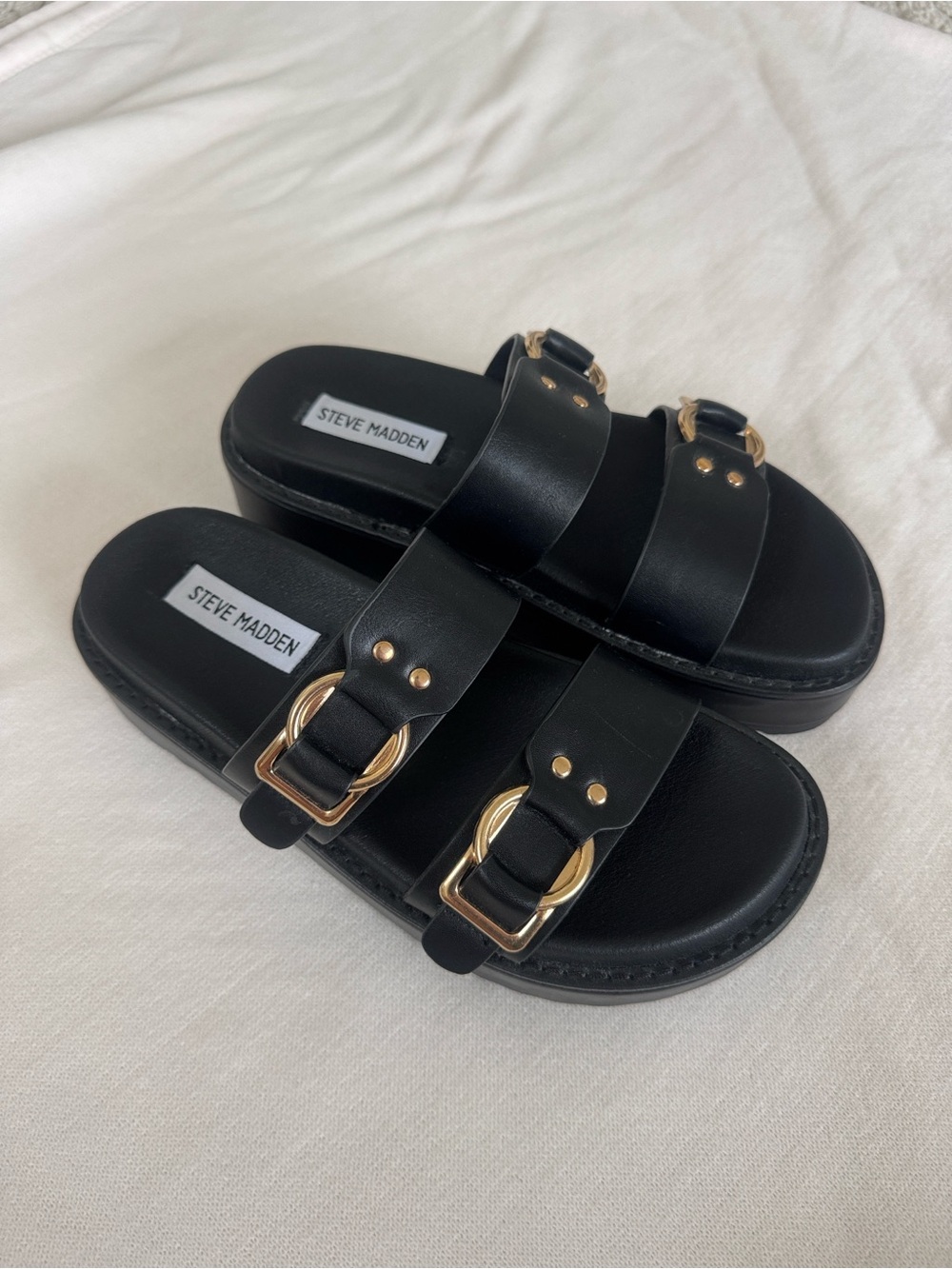 *NEW* Steve Madden Black Slide Sandals with Gold Buckles